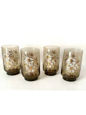 4 Vintage Dominion Retro St Claire Floral Smoked Drinking Glasses Barware
